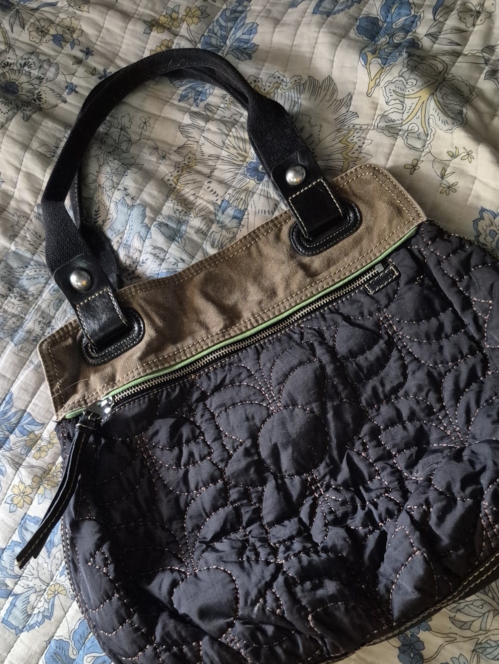Fossil Quilted Black Tote with Tan Trim - Everyday Women's Shoulder Bag